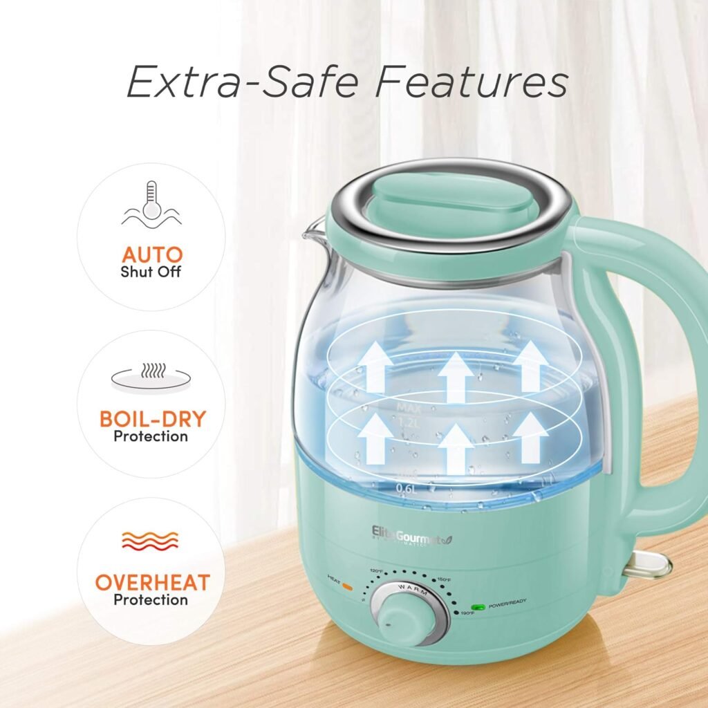 Elite Gourmet EKT1220M 1.2L Electric BPA-Free 1200W Glass Kettle, Temperature Dial Keep Warm Function, Cordless 360° Base, Blue LED Interior, Auto Shut-Off Function – Quick Boil, Mint