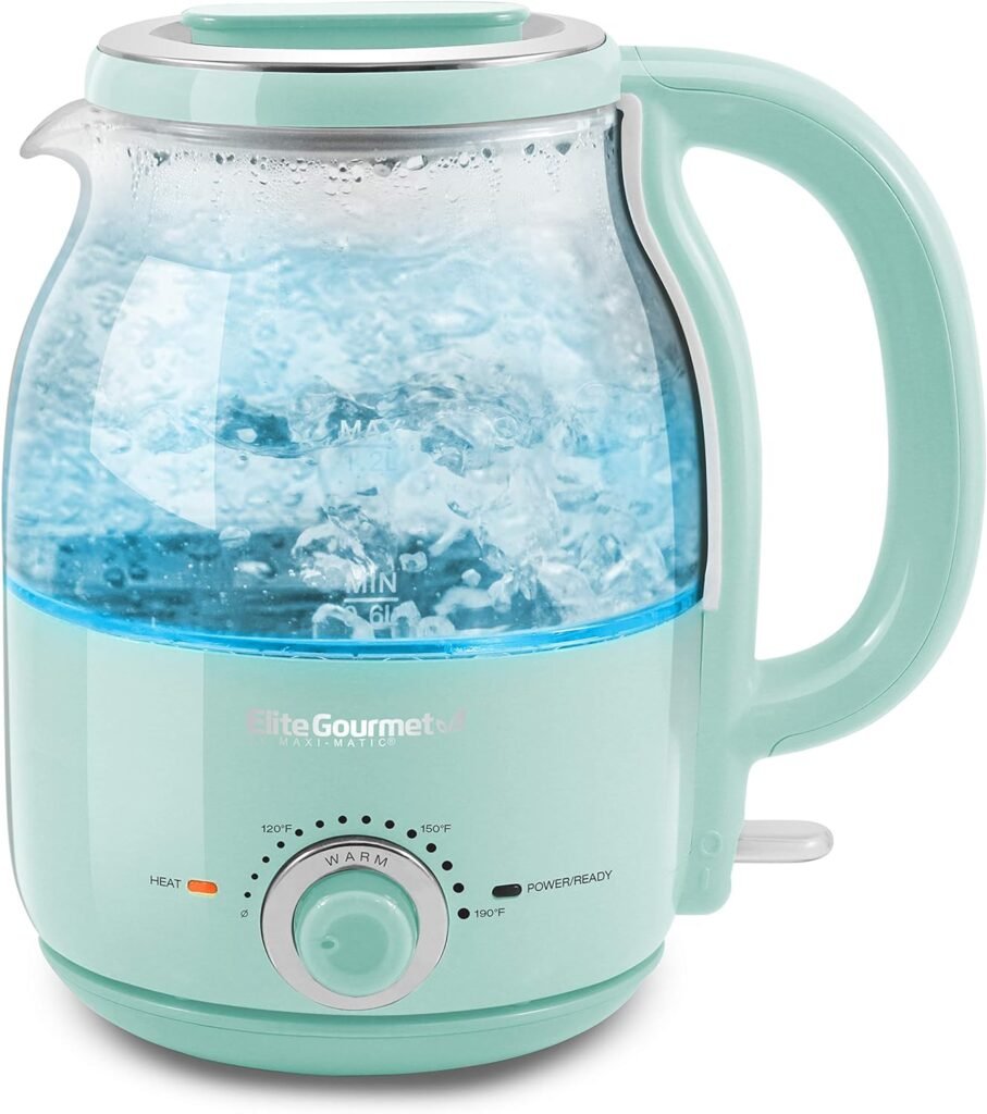 Elite Gourmet EKT1220M 1.2L Electric BPA-Free 1200W Glass Kettle, Temperature Dial Keep Warm Function, Cordless 360° Base, Blue LED Interior, Auto Shut-Off Function – Quick Boil, Mint