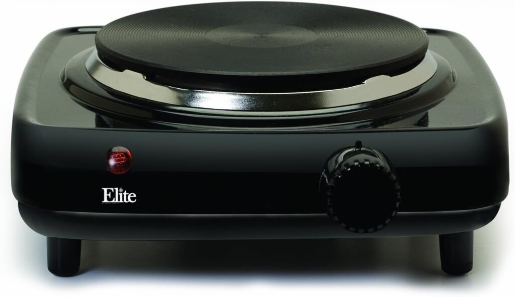 Elite Gourmet ESB-301BF Countertop Single Cast Iron Burner, 1000 Watts Electric Hot Plate, Temperature Controls, Power Indicator Lights, Easy to Clean, Black