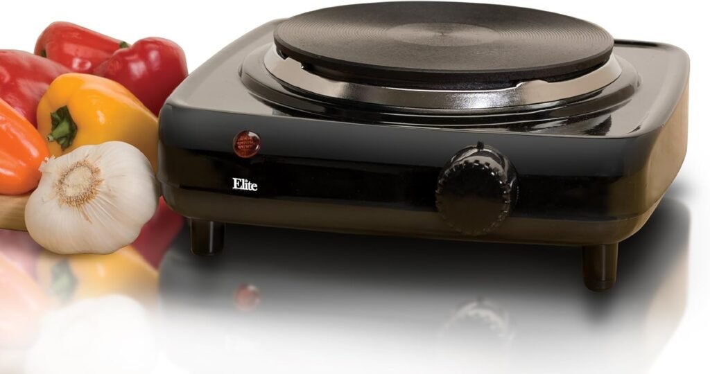 Elite Gourmet ESB-301BF Countertop Single Cast Iron Burner, 1000 Watts Electric Hot Plate, Temperature Controls, Power Indicator Lights, Easy to Clean, Black