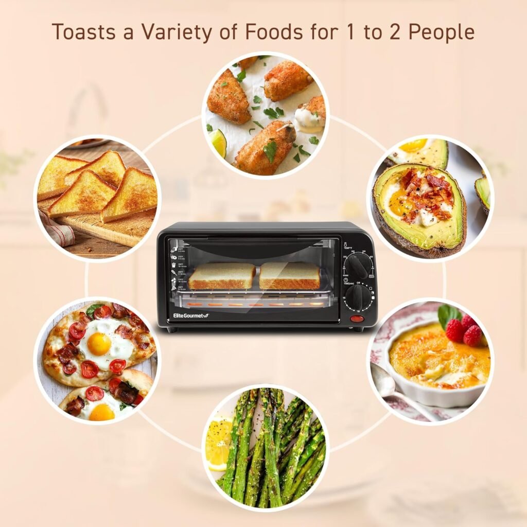 Elite Gourmet ETO236 Personal 2 Slice Countertop Toaster Oven with 15 Minute Timer Includes Pan and Wire Rack, Bake, Broil, Toast, Black