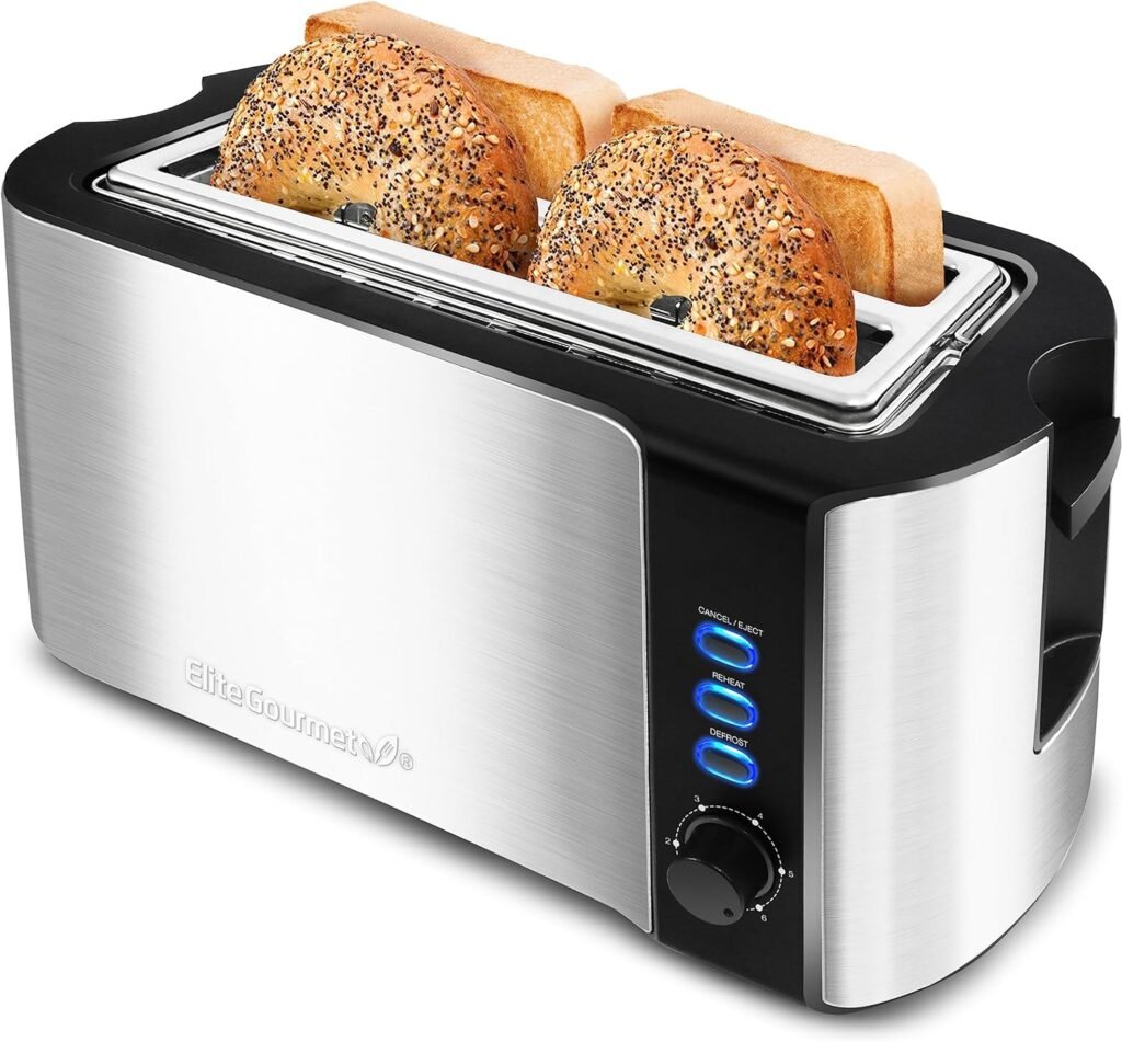 Elite Gourmet Long Slot 4 Slice Toaster, Reheat, 6 Toast Settings, Defrost, Cancel Functions, Built-in Warming Rack, Extra Wide Slots for Bagels  Waffles