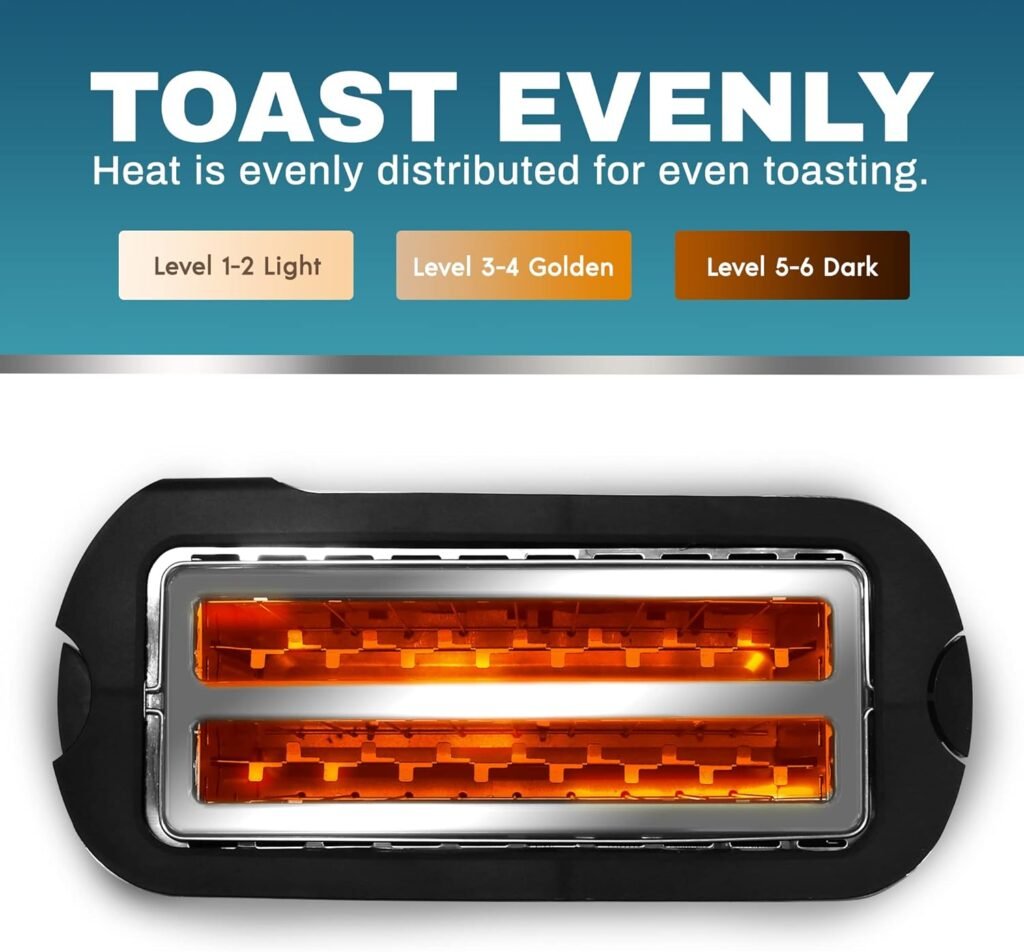 Elite Gourmet Long Slot 4 Slice Toaster, Reheat, 6 Toast Settings, Defrost, Cancel Functions, Built-in Warming Rack, Extra Wide Slots for Bagels  Waffles