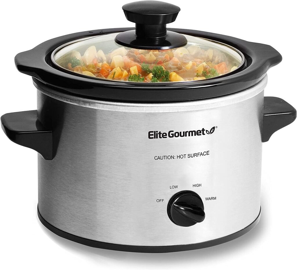 Elite Gourmet MST-250XS Electric Slow Cooker Ceramic Pot, Adjustable Temp, Entrees, Sauces, Stews  Dips, Dishwasher Safe Glass Lid  Crock, 1.5 Quart, Stainless Steel