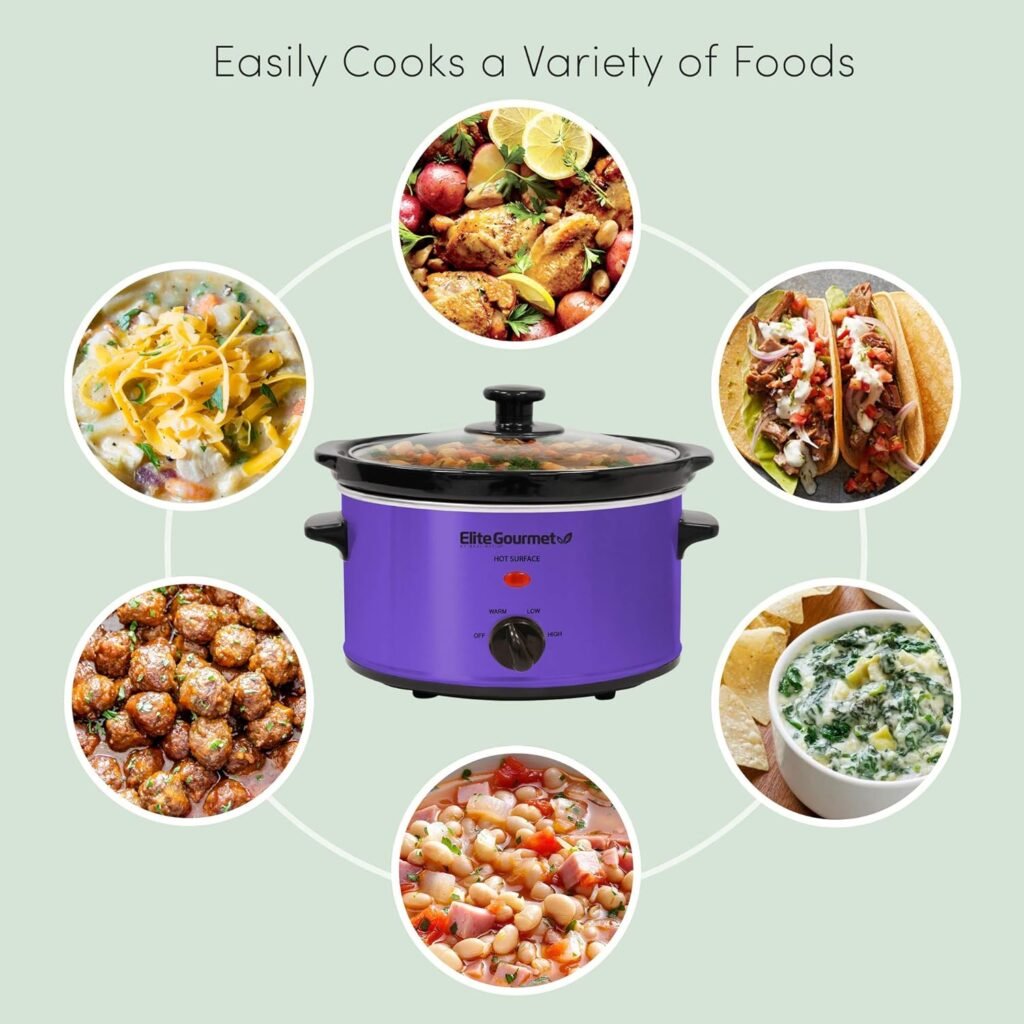 Elite Gourmet MST-275XS Electric Oval Slow Cooker, Adjustable Temp, Entrees, Sauces, Stews  Dips, Dishwasher Safe Glass Lid  Crock (2 Quart, Stainless Steel)