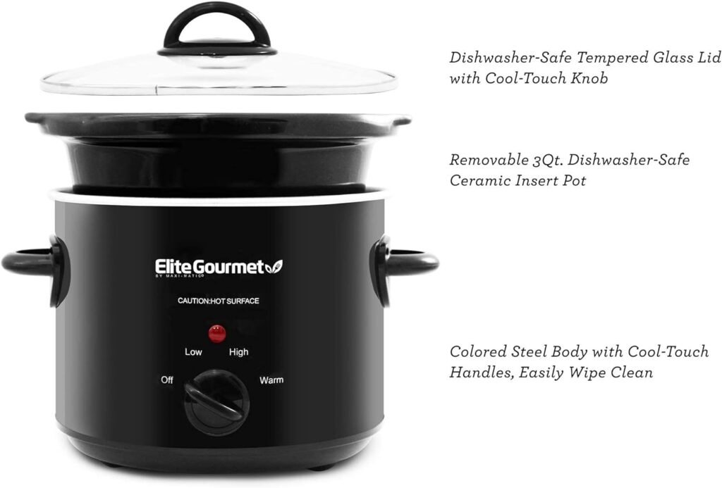 Elite Gourmet MST-350B Electric Oval Slow Cooker, Adjustable Temp, Entrees, Sauces, Stews  Dips, Dishwasher Safe Glass Lid  Crock (3 Quart, Black)