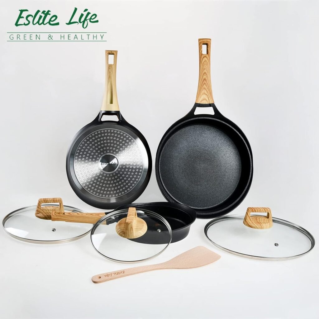 ESLITE LIFE Frying Pan Set with Lids Nonstick Skillet Sets, Granite Coating Cookware Compatible with All Stovetops (Gas, Electric  Induction), PFOA Free, 7-Piece