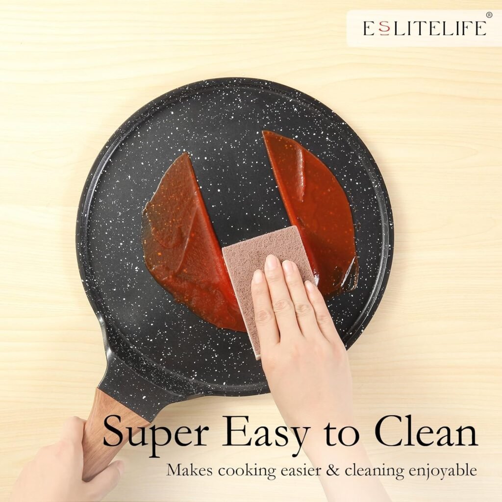 ESLITE LIFE Nonstick Crepe Pan with Spreader, 11 Inch Granite Coating Flat Skillet Tawa Dosa Tortilla Pan, Compatible with All Stovetops (Gas, Electric  Induction), PFOA Free, Black