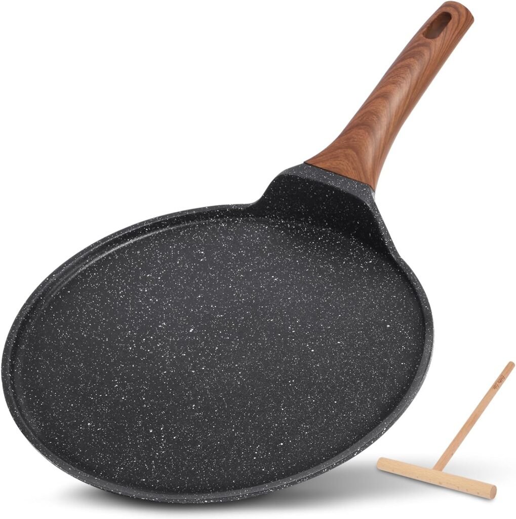 ESLITE LIFE Nonstick Crepe Pan with Spreader, 11 Inch Granite Coating Flat Skillet Tawa Dosa Tortilla Pan, Compatible with All Stovetops (Gas, Electric  Induction), PFOA Free, Black