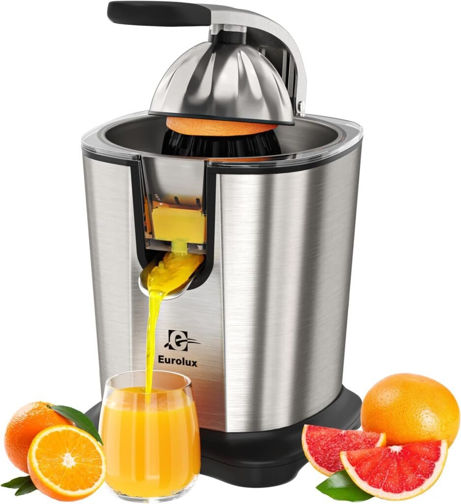 Eurolux Premium Electric Orange Juicer | Stainless Steel Citrus Squeezer With New Ultra-Powerful Motor and Soft Grip Handle for Effortless Juicing, Auto Shutoff, Dishwasher-safe Parts, Pulp Control