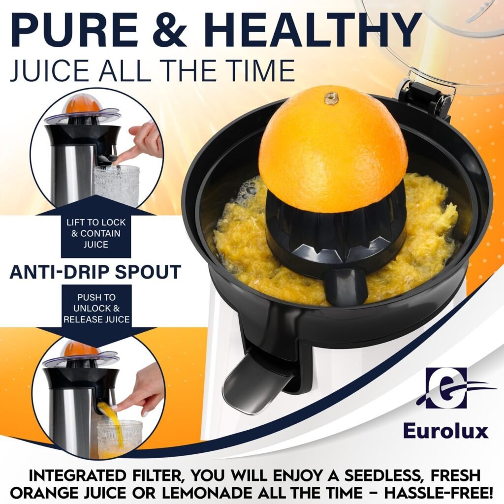 Eurolux Premium Electric Orange Juicer | Stainless Steel Citrus Squeezer With New Ultra-Powerful Motor and Soft Grip Handle for Effortless Juicing, Auto Shutoff, Dishwasher-safe Parts, Pulp Control