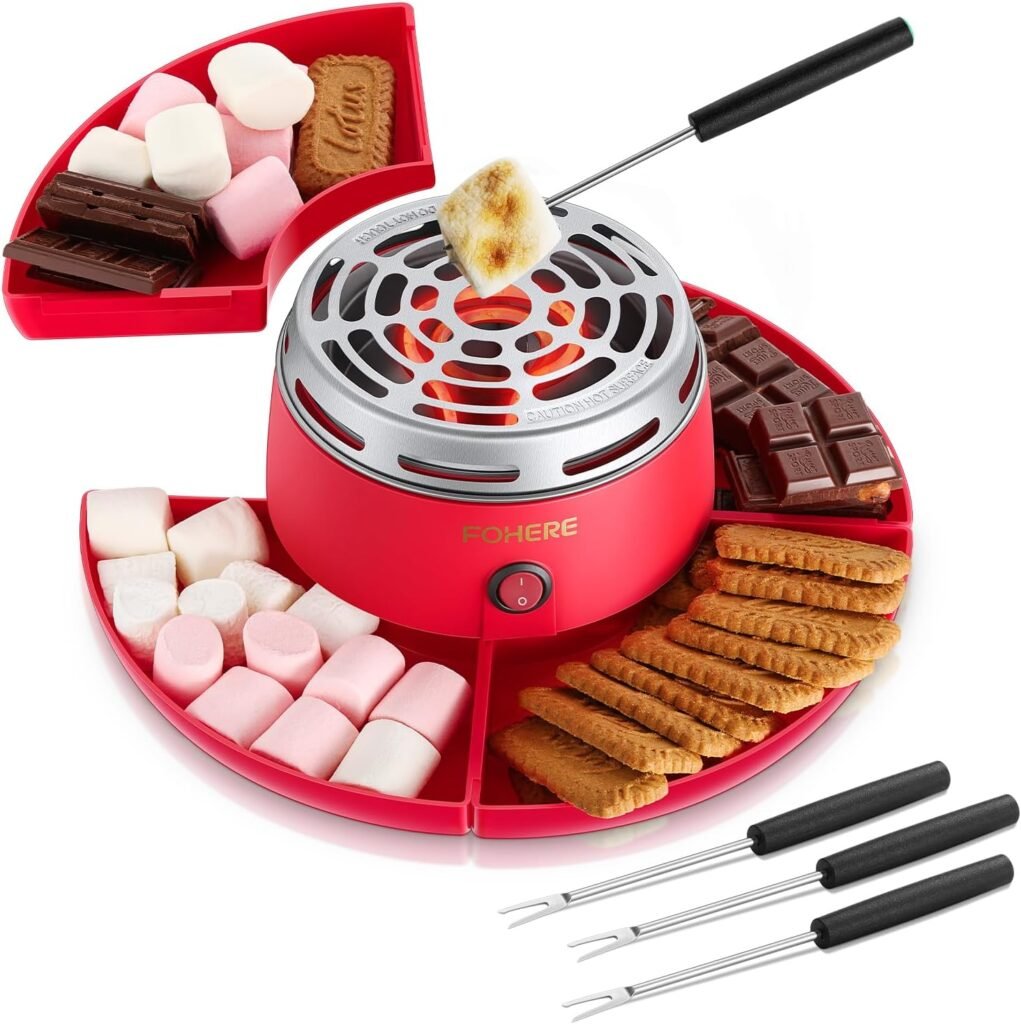 FOHERE Smores Maker Tabletop Indoor, Flameless Electric Marshmallow Roaster with 4 Detachable Trays  4 Roasting Forks, Movie Night Supplies  Housewarming Gift, Red