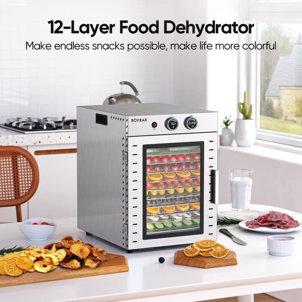 Food Dehydrator for Jerky, Fruit, Meat, Herbs, 12-Tray Stainless Steel Dehydrator Machine, Double-Layer Insulation, Adjustable Timer, Temperature Control, Overheat Protection (67 Recipes)