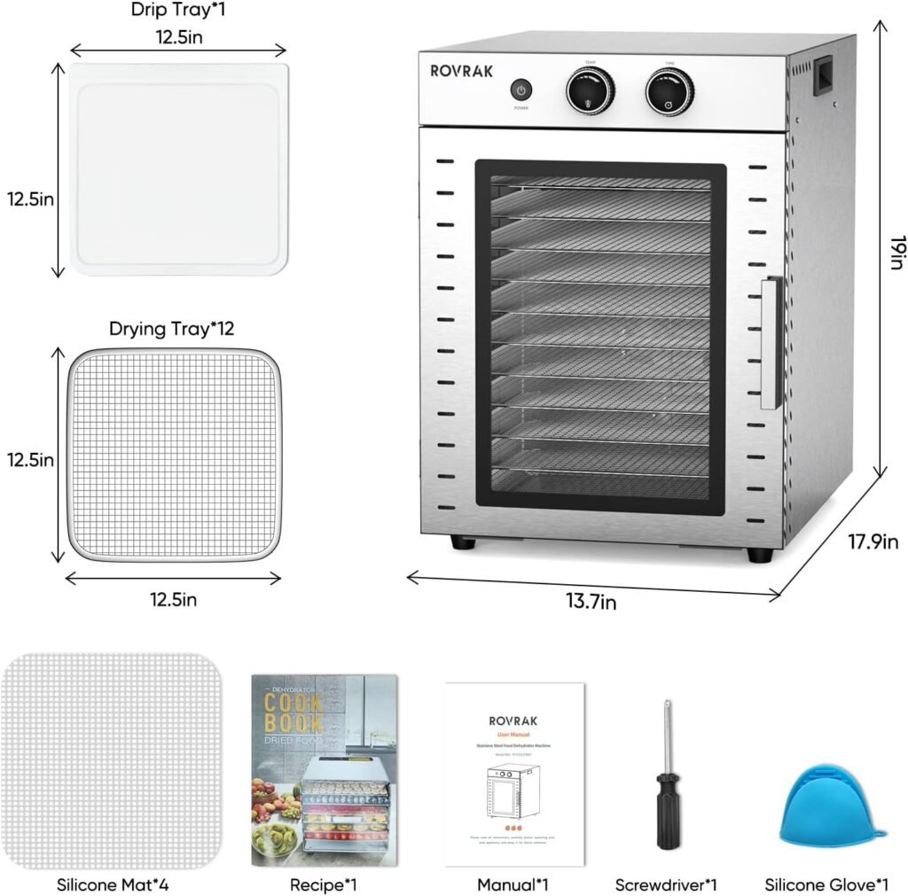 Food Dehydrator for Jerky, Fruit, Meat, Herbs, 12-Tray Stainless Steel Dehydrator Machine, Double-Layer Insulation, Adjustable Timer, Temperature Control, Overheat Protection (67 Recipes)