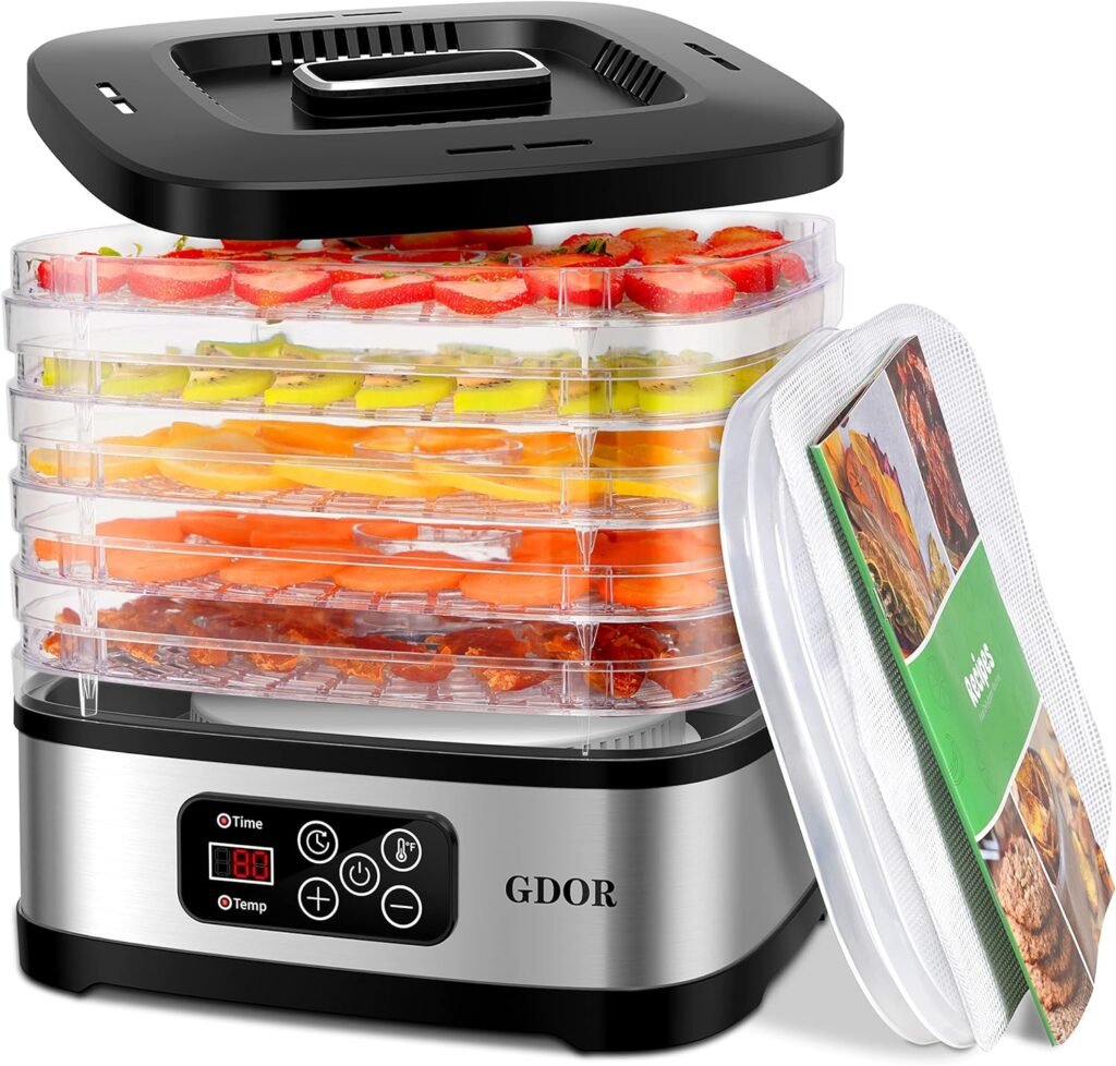 Food Dehydrator Includes Mesh Screen, Fruits Roll Sheet, Recipes, GDOR 5 Trays Dehydrator Machine with Temp Control  72H Timer  LED Display, for Jerky, Fruit, Veggie, Herb, Dog Treat, BPA-Free