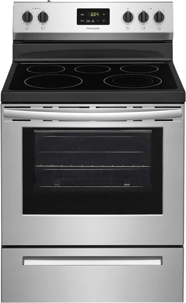 Frigidaire FCRE3052AS 30 Freestanding Electric Range with 5.3 cu. ft. Capacity Quick Boil Store-More Storage Drawer and SpaceWise Expandable Elements in Stainless Steel