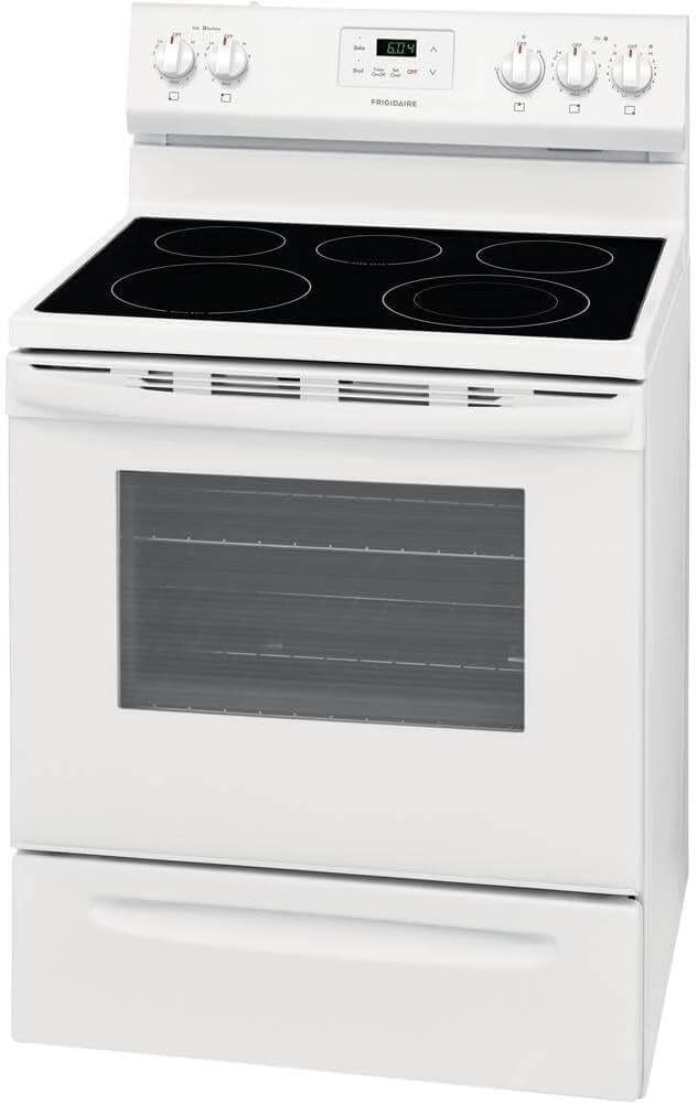 Frigidaire FCRE3052AW 30 Freestanding Electric Range with 5.3 cu. ft. Capacity Quick Boil Store-More Storage Drawer and SpaceWise Expandable Elements in White