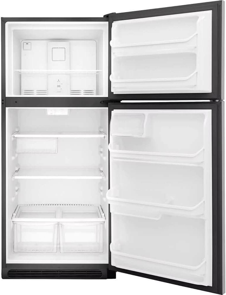 Frigidaire FFTR2021TS 30 Top Freezer Refrigerator with 20.4 cu. ft. Total Capacity 2 Full Width Glass Refrigerator Shelves 1 Full Width Wire Freezer Shelf Reversible Door and 2 Crisper Drawers in Stainless Steel