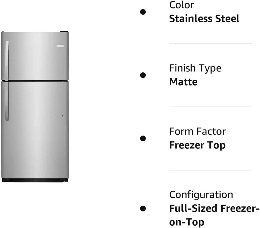 Frigidaire FFTR2021TS 30 Top Freezer Refrigerator with 20.4 cu. ft. Total Capacity 2 Full Width Glass Refrigerator Shelves 1 Full Width Wire Freezer Shelf Reversible Door and 2 Crisper Drawers in Stainless Steel