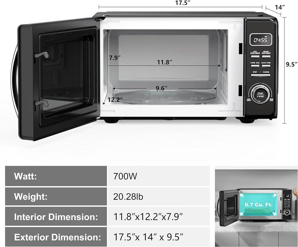 Galanz GLCMKZ07BER07 Retro Countertop Microwave Oven with Auto Cook  Reheat, Defrost, Quick Start Functions, Easy Clean with Glass Turntable, Pull Handle.7 cu ft, Blue