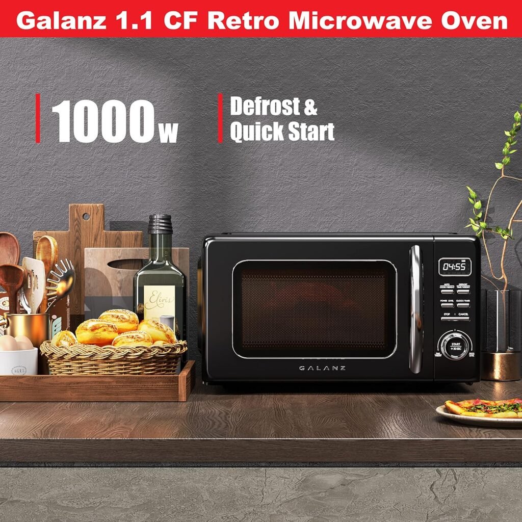 Galanz GLCMKZ07BER07 Retro Countertop Microwave Oven with Auto Cook  Reheat, Defrost, Quick Start Functions, Easy Clean with Glass Turntable, Pull Handle.7 cu ft, Blue