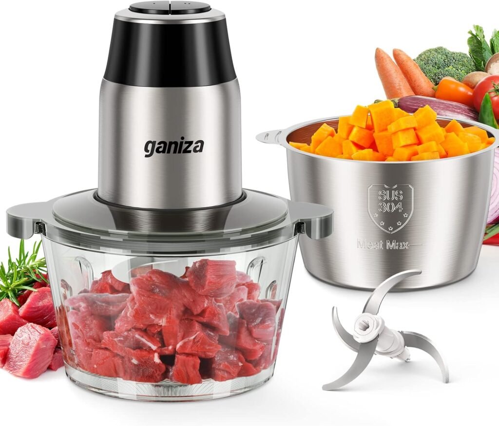 GANIZA Food Processors, Electric Chopper with Meat Grinder  Veggie Chopper - 2 Bowls (8 Cup+8 Cup) with Powerful 450W Copper Motor - Includes 2 Sets of Bi-Level Blades for Baby Food