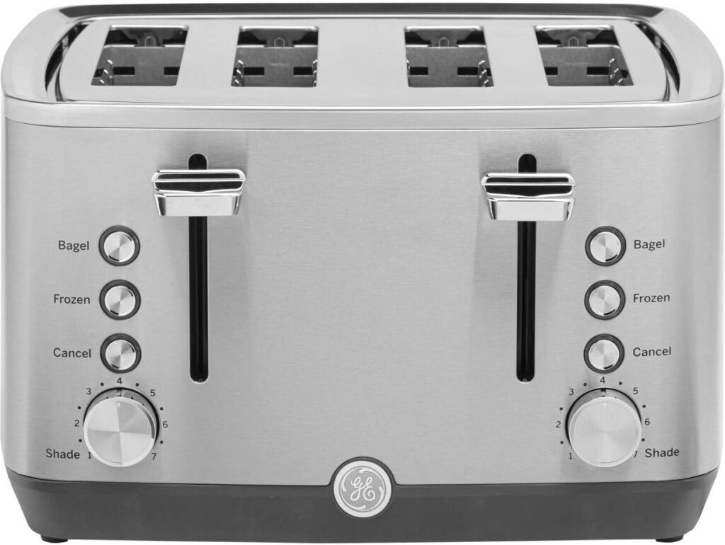 GE Stainless Steel Toaster | 2 Slice | Extra Wide Slots for Toasting Bagels, Breads, Waffles  More | 7 Shade Options for the Entire Household to Enjoy | Countertop Kitchen Essentials | 850 Watts