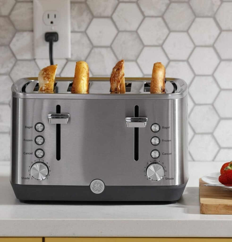 GE Stainless Steel Toaster | 2 Slice | Extra Wide Slots for Toasting Bagels, Breads, Waffles  More | 7 Shade Options for the Entire Household to Enjoy | Countertop Kitchen Essentials | 850 Watts