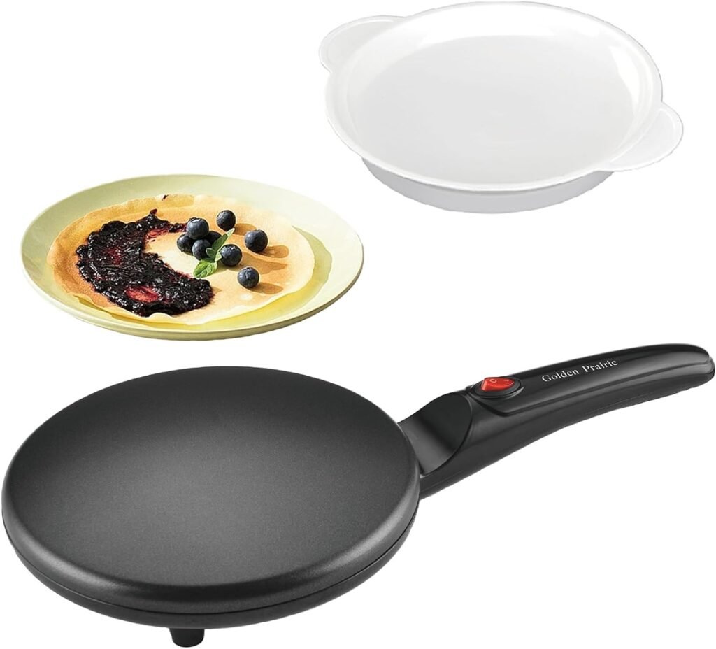 Golden Prairie 8 Griddle Crepe Maker, Non-Stick Electric Crepes Pan, Auto Thermostat Control, Handheld Long Handle, W/Batter Bowl, Portable Breakfast Maker for Pancake, Blintz, Chapati, Tortilla