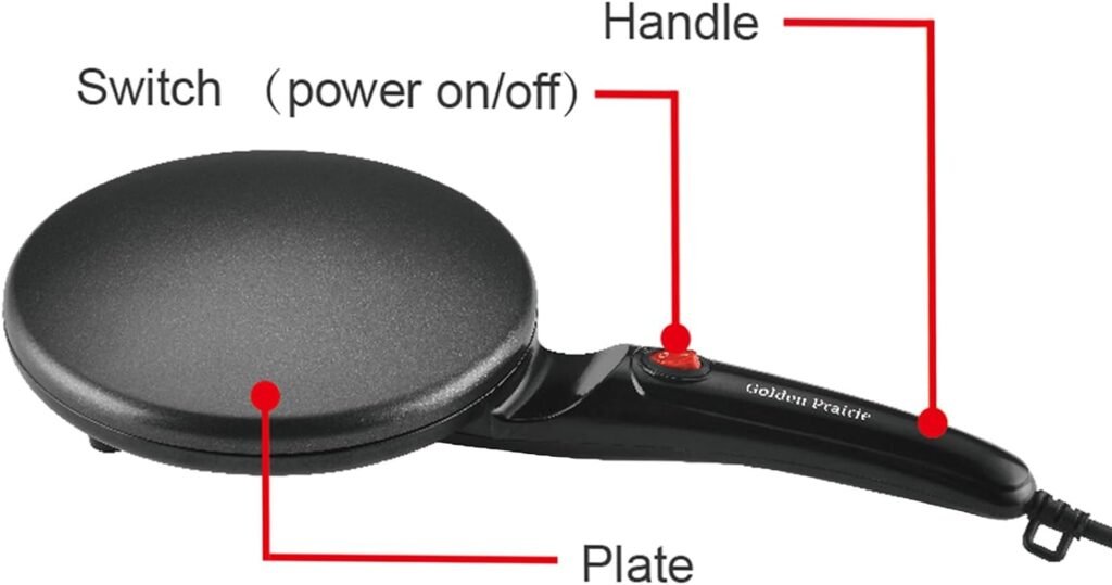 Golden Prairie 8 Griddle Crepe Maker, Non-Stick Electric Crepes Pan, Auto Thermostat Control, Handheld Long Handle, W/Batter Bowl, Portable Breakfast Maker for Pancake, Blintz, Chapati, Tortilla