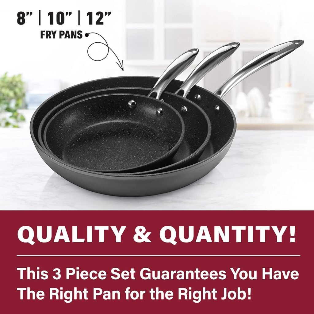 Granitestone Pro 3 Pc Non Stick Frying Pans Set for Cooking, 8+10+12 Inch Frying Pans Nonstick Skillet, Pans Set Nonstick, Non Stick Pans for Cooking, Hard Anodized Nonstick Pan, Dishwasher Safe Black