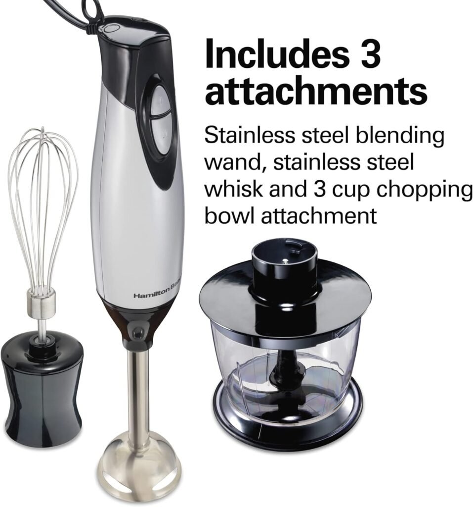 Hamilton Beach 4-in-1 Electric Immersion Hand Blender with Handheld Blending Stick, Whisk + 3-Cup Food  Vegetable Chopper Bowl, 2-Speeds, 225 Watts, Silver and Stainless Steel (59765)