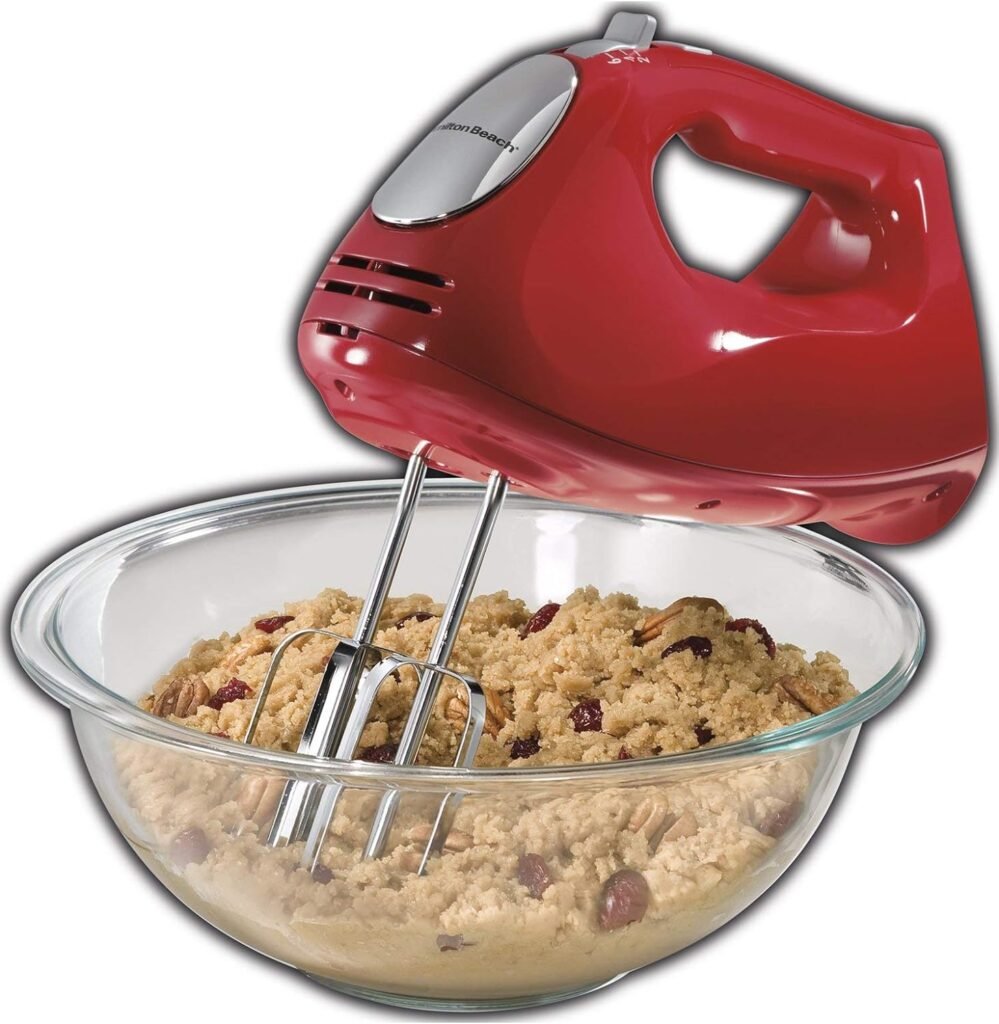 Hamilton Beach 6-Speed Electric Hand Mixer with Whisk, Traditional Beaters, Snap-On Storage Case, Dough Hooks, Red