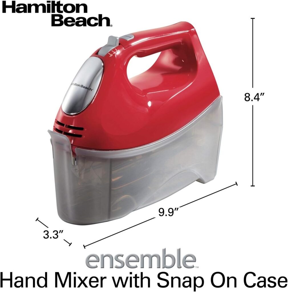 Hamilton Beach 6-Speed Electric Hand Mixer with Whisk, Traditional Beaters, Snap-On Storage Case, Dough Hooks, Red