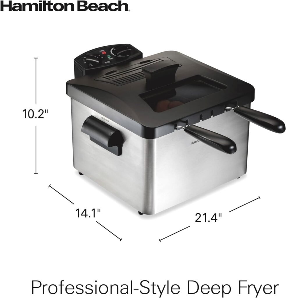 Hamilton Beach Deep Fryer with 2 Frying Baskets, 19 Cups / 4.5 Liters Oil Capacity, Lid with View Window, Professional Style, Electric, 1800 Watts, Stainless Steel (35036)