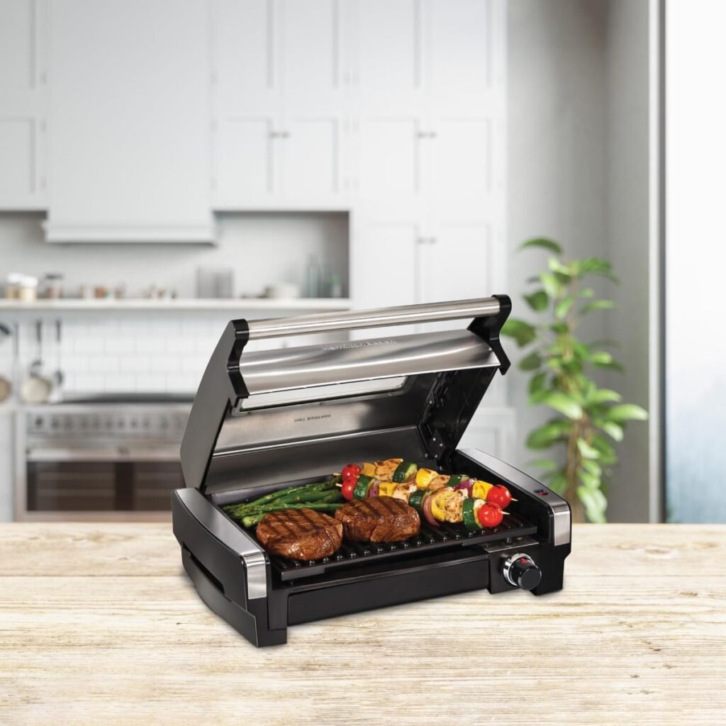 Hamilton Beach Electric Indoor Searing Grill with Viewing Window  Adjustable Temperature Control to 450F, 118 sq. in. Surface Serves 6, Removable Nonstick Grate, Stainless Steel