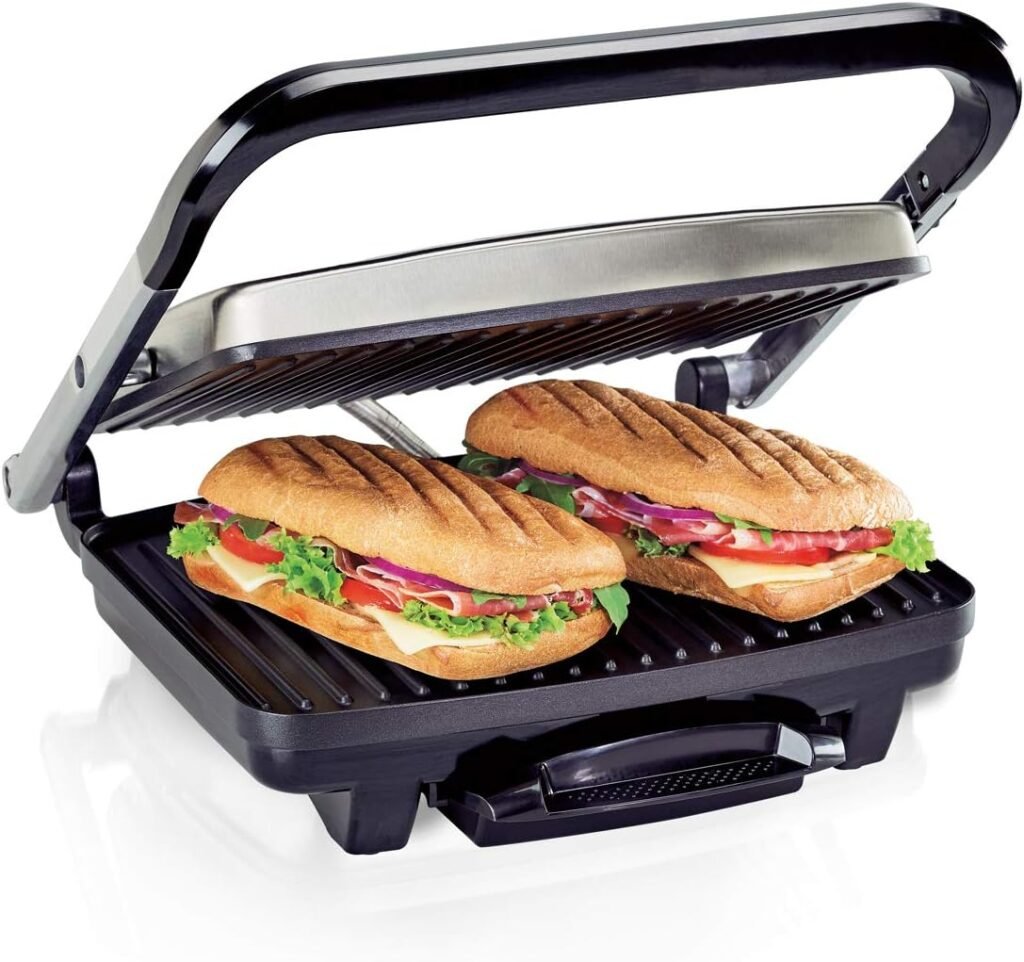 Hamilton Beach Panini Press, Sandwich Maker  Electric Indoor Grill, Upright Storage, Nonstick Easy Clean Grids, Stainless Steel (25410)