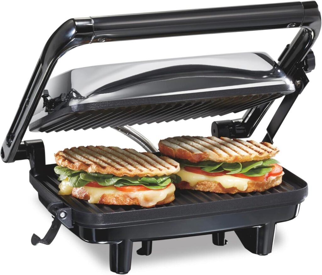 Hamilton Beach Panini Press Sandwich Maker  Electric Indoor Grill with Locking Lid, Opens 180 Degrees for any Thickness for Quesadillas, Burgers  More, Nonstick 8 x 10 Grids, Chrome (25460A)