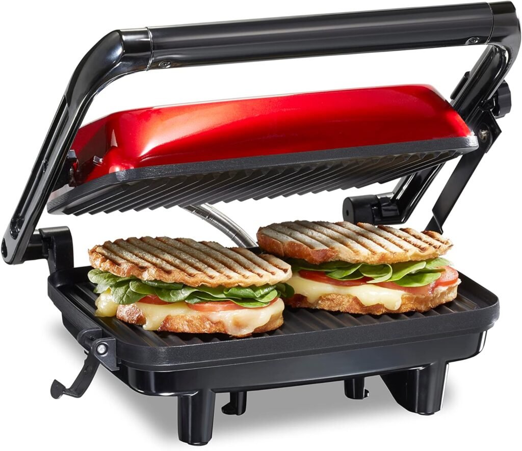 Hamilton Beach Panini Press Sandwich Maker  Electric Indoor Grill with Locking Lid, Opens 180 Degrees for any Thickness for Quesadillas, Burgers  More, Nonstick 8 x 10 Grids, Chrome (25460A)