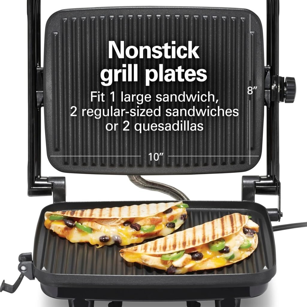 Hamilton Beach Panini Press Sandwich Maker  Electric Indoor Grill with Locking Lid, Opens 180 Degrees for any Thickness for Quesadillas, Burgers  More, Nonstick 8 x 10 Grids, Chrome (25460A)