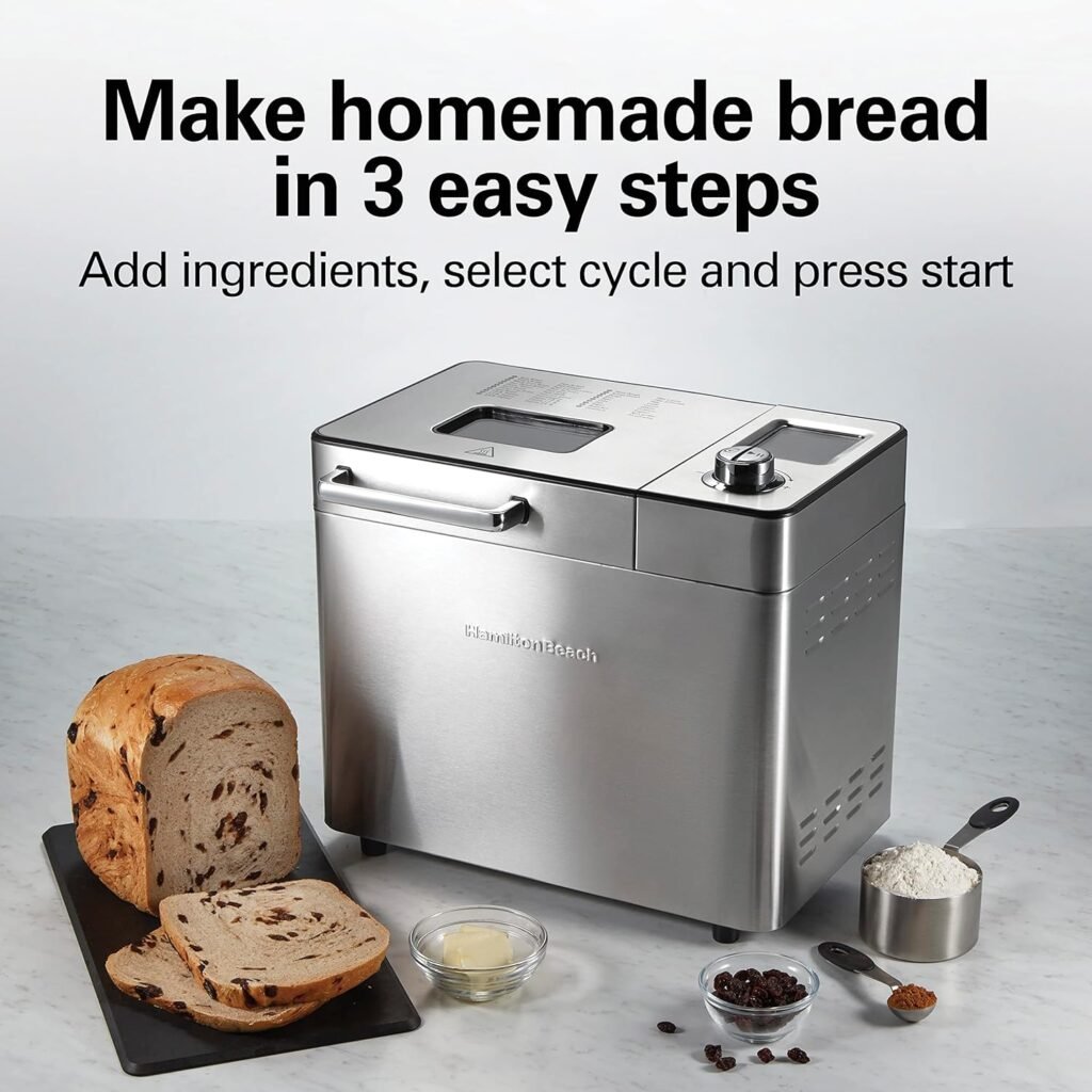 Hamilton Beach Premium Dough  Bread Maker Machine with Auto Fruit and Nut Dispenser, 2 lb. Loaf Capacity, 14 Programmable Settings Including Gluten Free, Stainless Steel (29888)