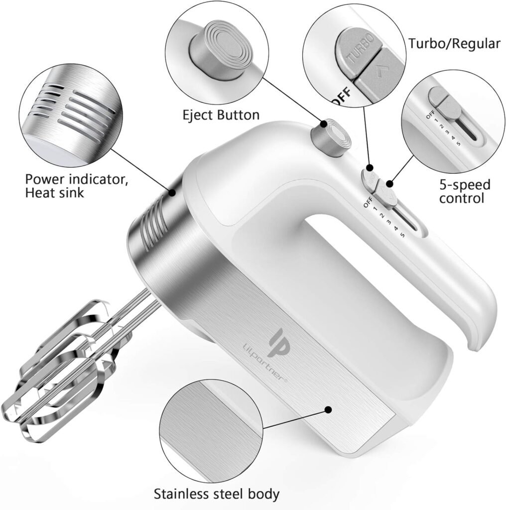 Hand Mixer Electric, 450W Kitchen Mixers with Scale Cup Storage Case, Turbo Boost/Self-Control Speed + 5 Speed + Eject Button + 5 Stainless Steel Accessories, For Easy Whipping Dough,Cream,Cake