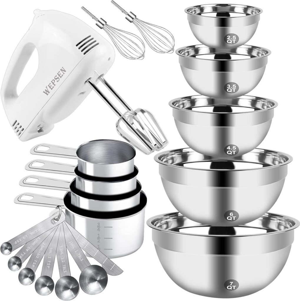 Hand Mixer Electric Mixing Bowls Set, 5 Speeds Handheld Mixer with 5 Nesting Stainless Steel Mixing Bowl, Measuring Cups and Spoons 200 Watt Kitchen Blender Whisk Beater Baking Supplies For Beginner