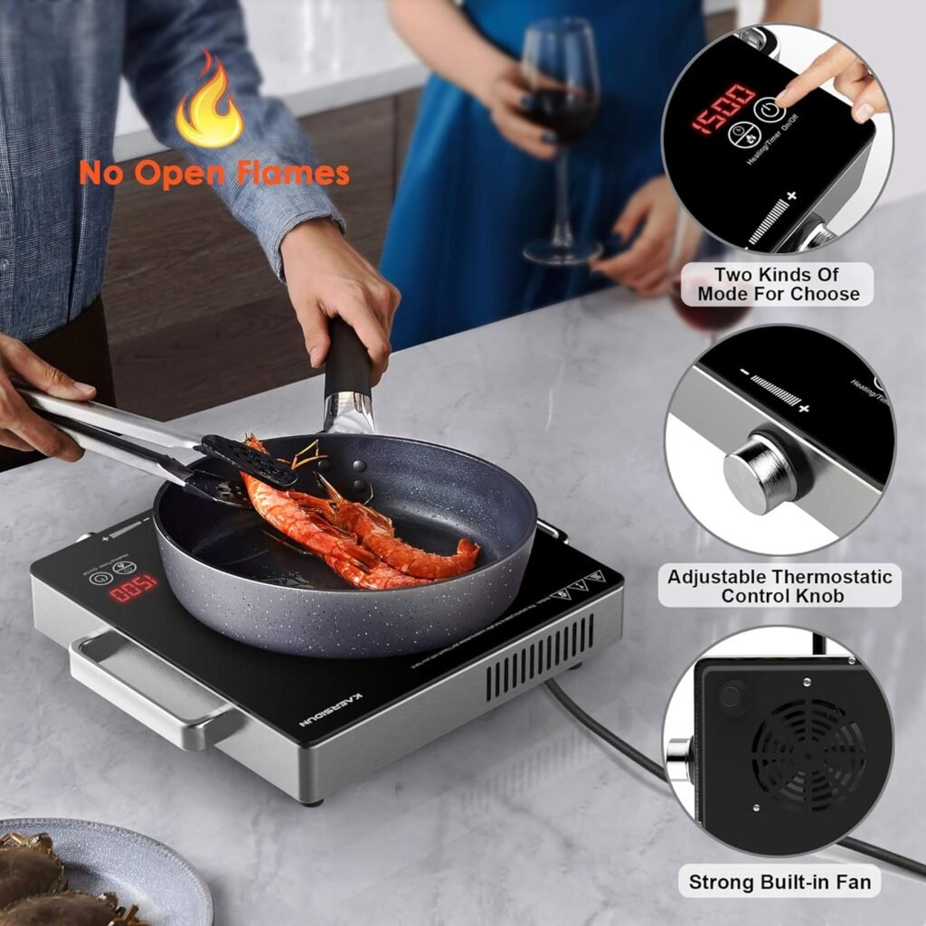 Hot Plate Electric Single Burner 1500W Portable Burner for Cooking with Adjustable Temperature  Stay Cool Handles, Stainless Steel Easy To Clean, Non-Slip Rubber Feet, Compatible for All Cookwares