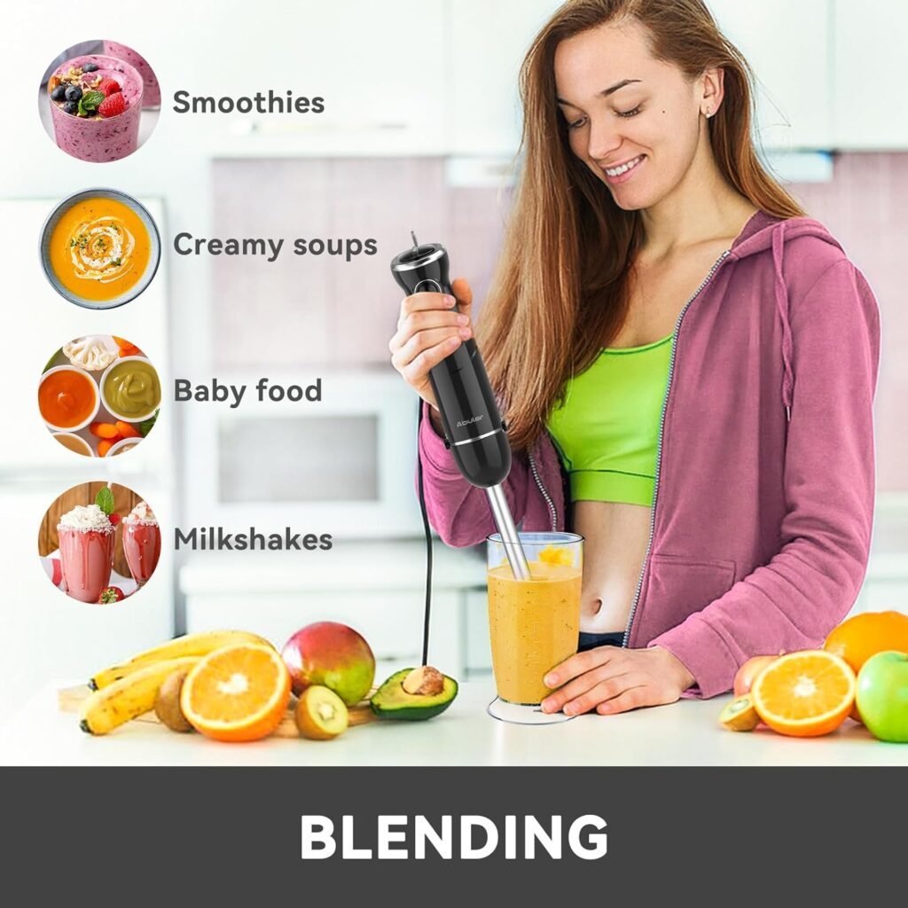 Immersion Blender 5 in 1 Hand Blender, Abuler 800W Hand Mixer Stick, 5-in-1, 12 Speed and Turbo Mode Handheld Blender 304 Stainless Steel, With 600ml Mixing Beaker, 500ml Chopper, Whisk and Milk Frother for Soup, Smoothies, Baby Food, Sauce