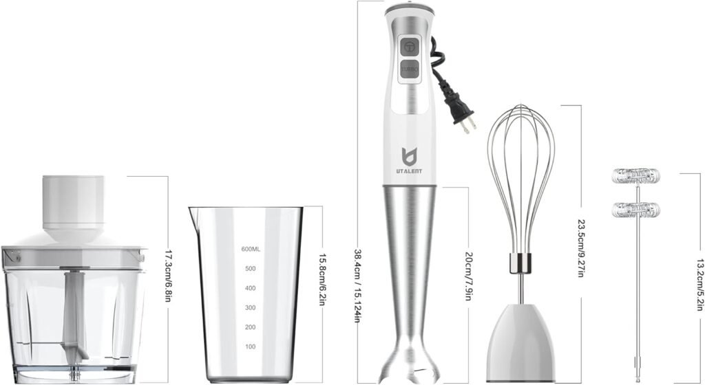 Immersion Hand Blender, UTALENT 5-in-1 8-Speed Stick Blender with 500ml Food Grinder, BPA-Free, 600ml Container,Milk Frother,Egg Whisk,Puree Infant Food, Smoothies, Sauces and Soups - White