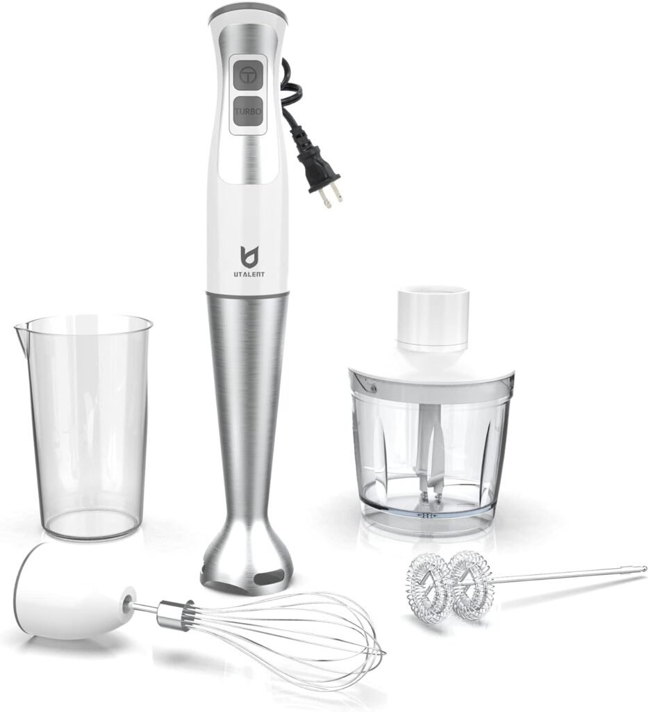 Immersion Hand Blender, UTALENT 5-in-1 8-Speed Stick Blender with 500ml Food Grinder, BPA-Free, 600ml Container,Milk Frother,Egg Whisk,Puree Infant Food, Smoothies, Sauces and Soups - White