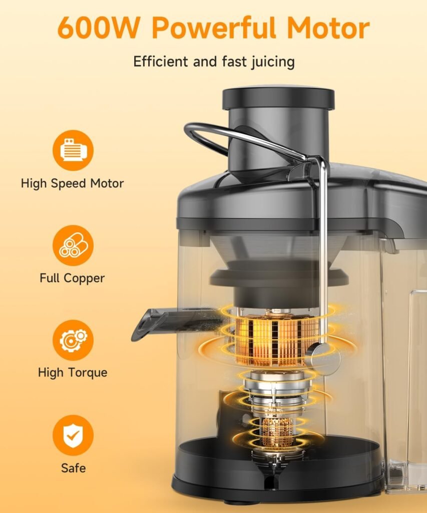 Juicer, 600W Juicer Machine with 3.5 Inch Wide Chute for Whole Fruits, High Yield Juice Extractor with 3 Speeds, Easy to Clean with Cleaning Brush, Compact Centrifugal Juicer Anti-drip