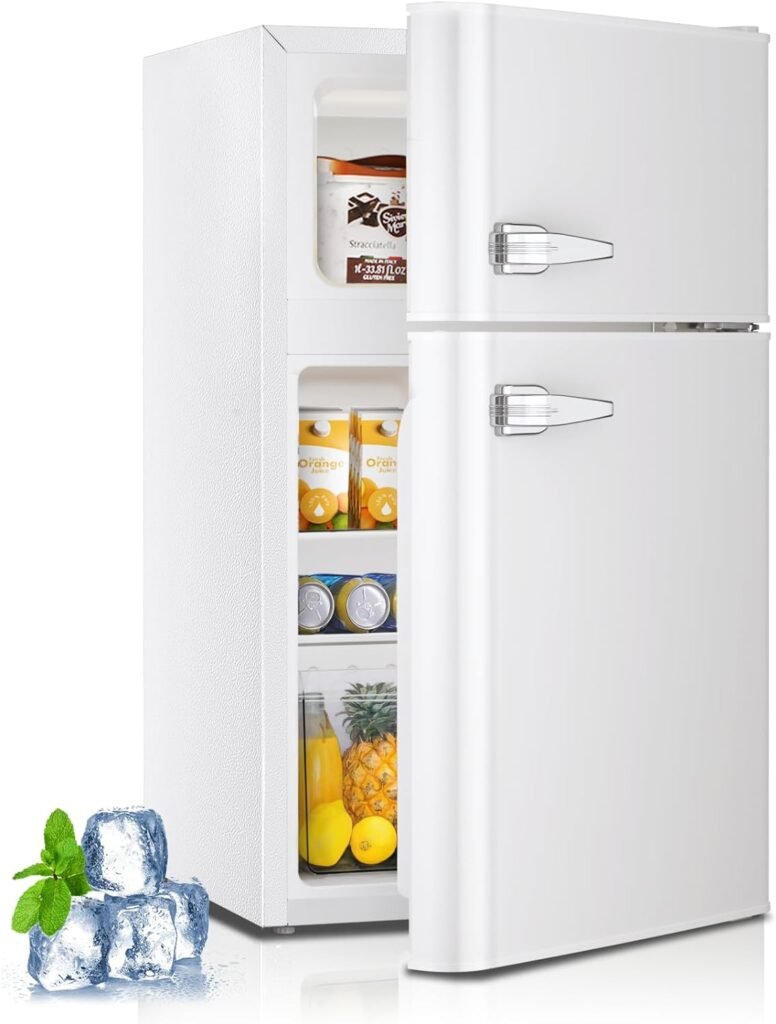 Kismile Mini fridge with freezer,3.2 Cu.Ft Compact Mini Refrigerator with Double 2 door,Adjustable Temperature,Full Size for Home,Kitchen,Dorm,Apartment,Retro White