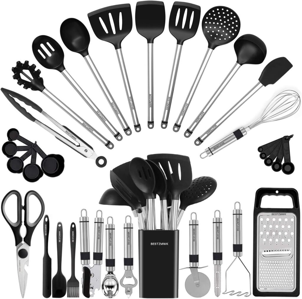 Kitchen Utensil Set-Silicone Cooking Utensils-33 Kitchen Gadgets  Spoons for Nonstick Cookware-Silicone and Stainless Steel Spatula Set-Best Kitchen Tools, Useful Pots and Pans Accessories